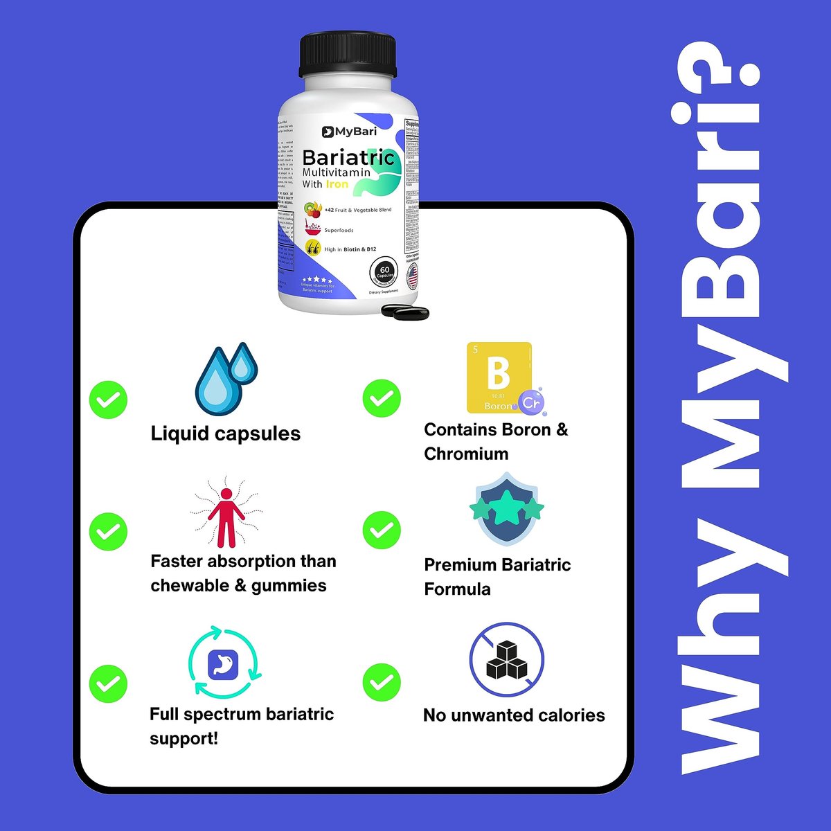 MyBari All-in-One Bariatrisches Multivitamin mit Eisen – Hergestellt in den USA – für Männer & Frauen – Unterstützt Magenverkleinerung & Bypass mit 42+ Obst- & Gemüsemischung – 60 flüssige Kapseln