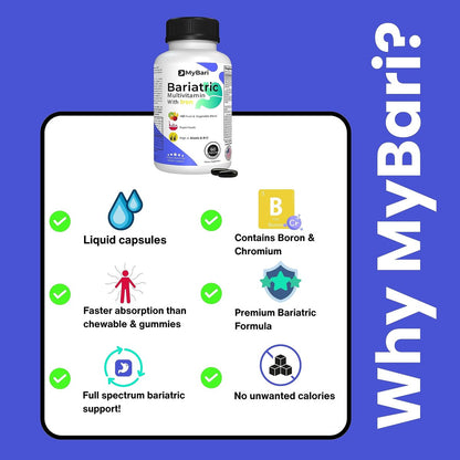 MyBari All-in-One Bariatrisches Multivitamin mit Eisen – Hergestellt in den USA – für Männer & Frauen – Unterstützt Magenverkleinerung & Bypass mit 42+ Obst- & Gemüsemischung – 60 flüssige Kapseln