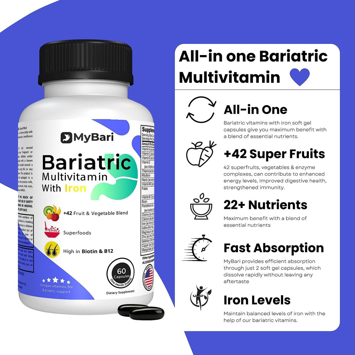 MyBari All-in-One Bariatrisches Multivitamin mit Eisen – Hergestellt in den USA – für Männer & Frauen – Unterstützt Magenverkleinerung & Bypass mit 42+ Obst- & Gemüsemischung – 60 flüssige Kapseln