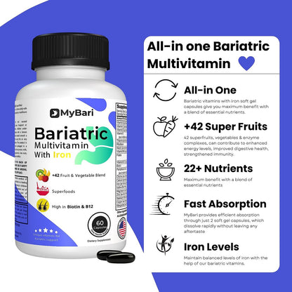 MyBari All-in-One Bariatrisches Multivitamin mit Eisen – Hergestellt in den USA – für Männer & Frauen – Unterstützt Magenverkleinerung & Bypass mit 42+ Obst- & Gemüsemischung – 60 flüssige Kapseln