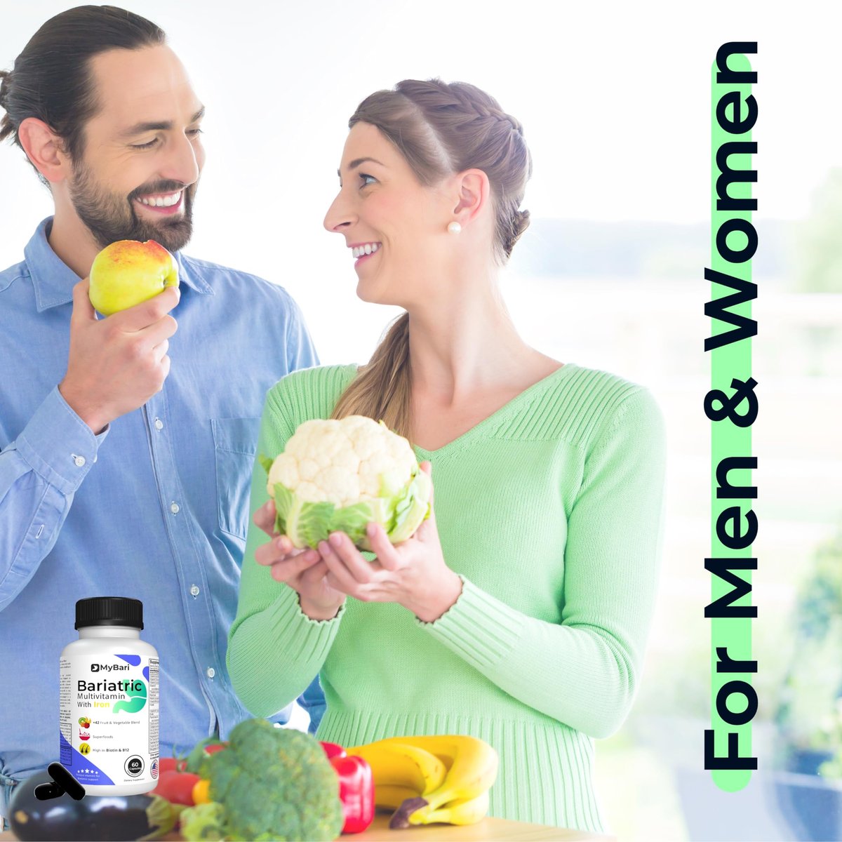 MyBari All-in-One Bariatrisches Multivitamin mit Eisen – Hergestellt in den USA – für Männer & Frauen – Unterstützt Magenverkleinerung & Bypass mit 42+ Obst- & Gemüsemischung – 60 flüssige Kapseln
