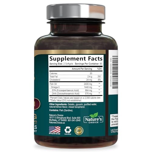 Omega 3 Fischöl Kapseln - 2400 mg Fischöl pro Portion - Dreifachstärke Omega-3 mit EPA & DHA - Natürliche Unterstützung für Herz, Gehirn & Immunsystem - Wild gefangen, in den USA abgefüllt - 180 Weichkapseln
