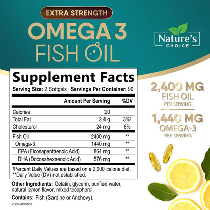 Omega 3 Fischöl Kapseln - 2400 mg Fischöl pro Portion - Dreifachstärke Omega-3 mit EPA & DHA - Natürliche Unterstützung für Herz, Gehirn & Immunsystem - Wild gefangen, in den USA abgefüllt - 180 Weichkapseln