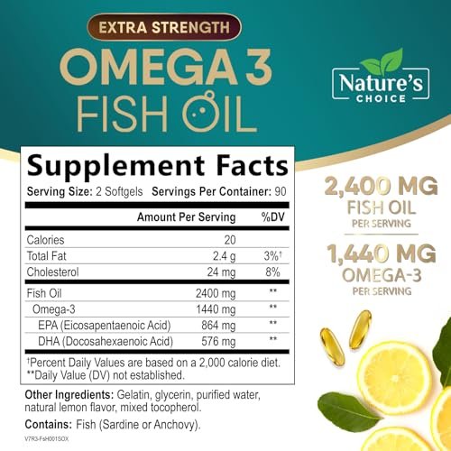 Omega 3 Fischöl Kapseln - 2400 mg Fischöl pro Portion - Dreifachstärke Omega-3 mit EPA & DHA - Natürliche Unterstützung für Herz, Gehirn & Immunsystem - Wild gefangen, in den USA abgefüllt - 180 Weichkapseln