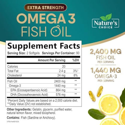 Omega 3 Fischöl Kapseln - 2400 mg Fischöl pro Portion - Dreifachstärke Omega-3 mit EPA & DHA - Natürliche Unterstützung für Herz, Gehirn & Immunsystem - Wild gefangen, in den USA abgefüllt - 180 Weichkapseln