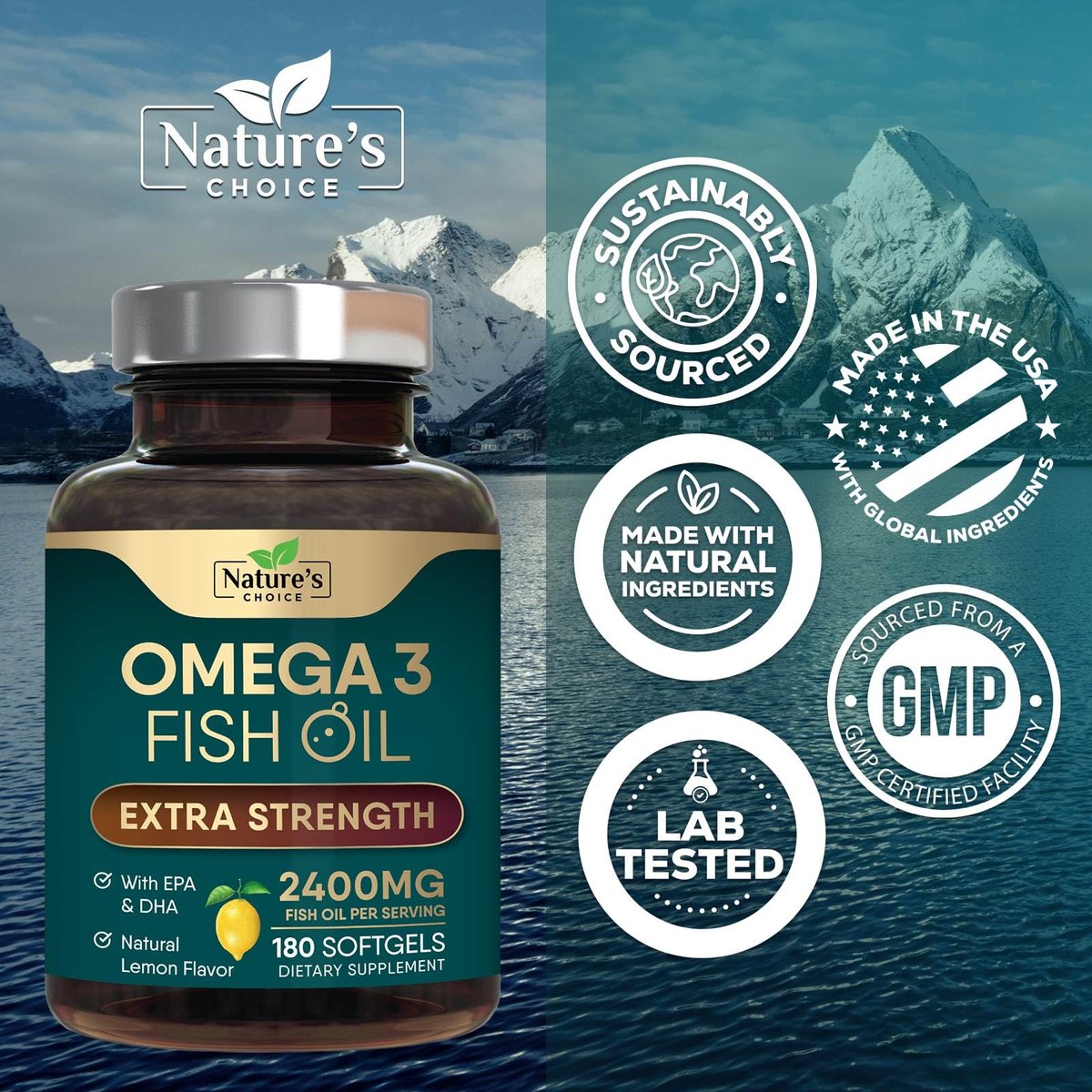 Omega 3 Fischöl Kapseln - 2400 mg Fischöl pro Portion - Dreifachstärke Omega-3 mit EPA & DHA - Natürliche Unterstützung für Herz, Gehirn & Immunsystem - Wild gefangen, in den USA abgefüllt - 180 Weichkapseln