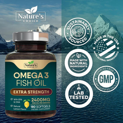 Omega 3 Fischöl Kapseln - 2400 mg Fischöl pro Portion - Dreifachstärke Omega-3 mit EPA & DHA - Natürliche Unterstützung für Herz, Gehirn & Immunsystem - Wild gefangen, in den USA abgefüllt - 180 Weichkapseln