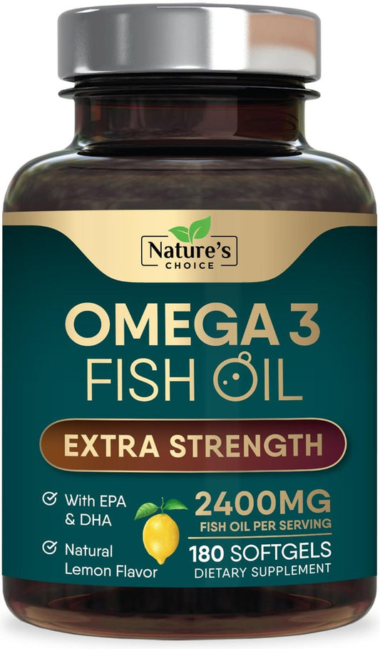 Omega 3 Fischöl Kapseln - 2400 mg Fischöl pro Portion - Dreifachstärke Omega-3 mit EPA & DHA - Natürliche Unterstützung für Herz, Gehirn & Immunsystem - Wild gefangen, in den USA abgefüllt - 180 Weichkapseln