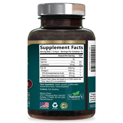 Omega 3 Fischöl Kapseln - 2400 mg Fischöl pro Portion - Dreifachstärke Omega-3 mit EPA & DHA - Natürliche Unterstützung für Herz, Gehirn & Immunsystem - Wild gefangen, in den USA abgefüllt - 180 Weichkapseln