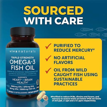 Viva Naturals Omega-3 Fischöl, Triple Strength, 2500 mg, 30 Softgels – Re-veresterte Omega-3-Fettsäuren mit EPA, DHA, DPA - Pescatarier-freundlich