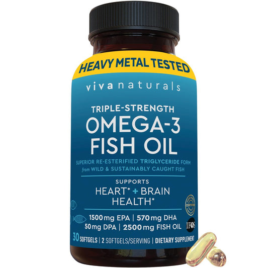 Viva Naturals Omega-3 Fischöl, Triple Strength, 2500 mg, 30 Softgels – Re-veresterte Omega-3-Fettsäuren mit EPA, DHA, DPA - Pescatarier-freundlich