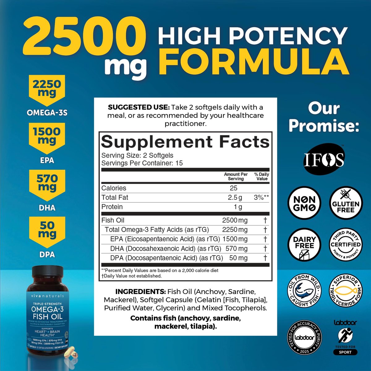 Viva Naturals Omega-3 Fischöl, Triple Strength, 2500 mg, 30 Softgels – Re-veresterte Omega-3-Fettsäuren mit EPA, DHA, DPA - Pescatarier-freundlich