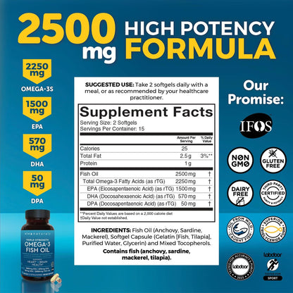 Viva Naturals Omega-3 Fischöl, Triple Strength, 2500 mg, 30 Softgels – Re-veresterte Omega-3-Fettsäuren mit EPA, DHA, DPA - Pescatarier-freundlich