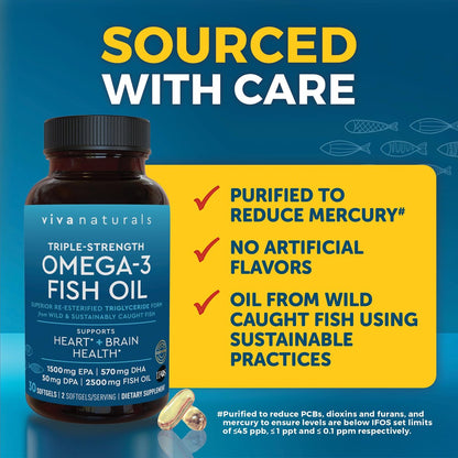 Viva Naturals Omega-3 Fischöl, Triple Strength, 2500 mg, 30 Softgels – Re-veresterte Omega-3-Fettsäuren mit EPA, DHA, DPA - Pescatarier-freundlich