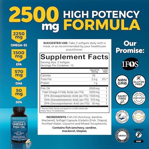 Viva Naturals Omega-3 Fischöl, Triple Strength, 2500 mg, 30 Softgels – Re-veresterte Omega-3-Fettsäuren mit EPA, DHA, DPA - Pescatarier-freundlich