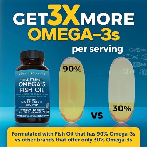 Viva Naturals Omega-3 Fischöl, Triple Strength, 2500 mg, 30 Softgels – Re-veresterte Omega-3-Fettsäuren mit EPA, DHA, DPA - Pescatarier-freundlich