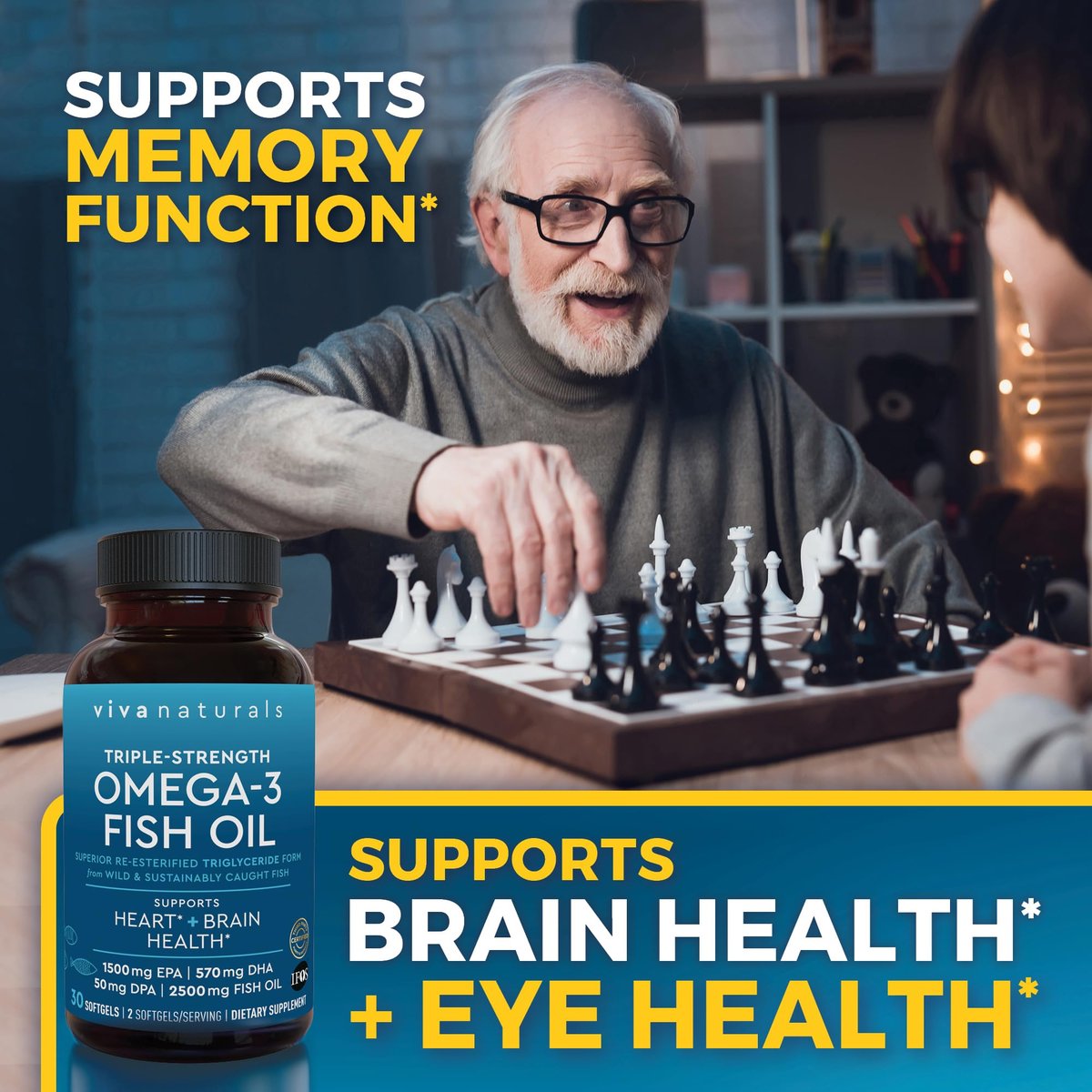 Viva Naturals Omega-3 Fischöl, Triple Strength, 2500 mg, 30 Softgels – Re-veresterte Omega-3-Fettsäuren mit EPA, DHA, DPA - Pescatarier-freundlich