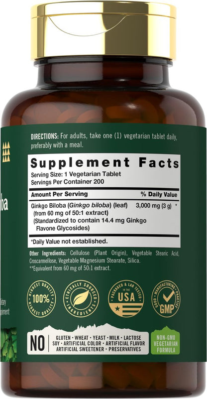 Carlyle Ginkgo Biloba Extra Strength – 200 Vegetarische Tabletten, Nicht-GVO, Glutenfrei