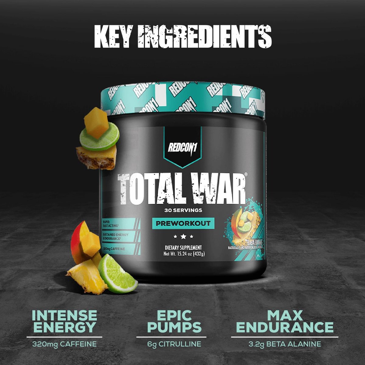 REDCON1 Total War Pre Workout Baja Bomb – Beta Alanin + Citrullin Malat Keto-freundliches Preworkout für Männer & Frauen mit 320 mg Koffein – Schnell wirkend (30 Portionen)
