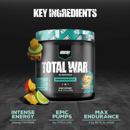 REDCON1 Total War Pre Workout Baja Bomb – Beta Alanin + Citrullin Malat Keto-freundliches Preworkout für Männer & Frauen mit 320 mg Koffein – Schnell wirkend (30 Portionen)