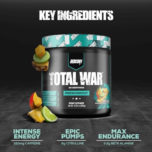 REDCON1 Total War Pre Workout Baja Bomb – Beta Alanin + Citrullin Malat Keto-freundliches Preworkout für Männer & Frauen mit 320 mg Koffein – Schnell wirkend (30 Portionen)