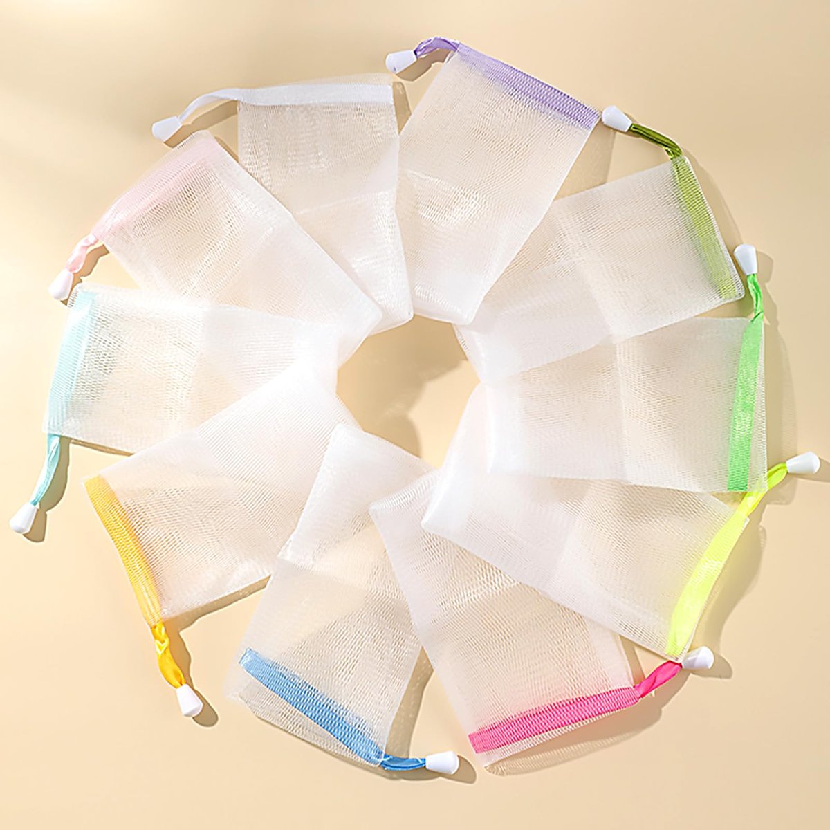 Kootinn 10-teiliges Peeling-Mesh-Seifenbeutel-Set – Doppellagiger, verdickter Schaumnetz-Seifensparbeutel mit Kordelzug – Multicolor