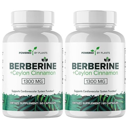 POWERED X PLANTS Reines Berberin Supplement - 1300 mg Berberin mit Ceylon-Zimt für Stoffwechsel & Immunsystem Unterstützung - 2er Pack, 120 Portionen