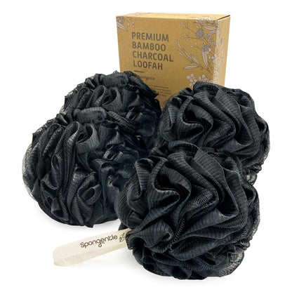 Spongentle Duschschwamm Loofah Badeschwamm, Körperscrubber mit weichem Netz, Peeling-Badeschwamm mit Aktivkohle, Badeschwamm für Damen & Herren, Badezubehör als Scheuerwerkzeug, 60g 4er Pack