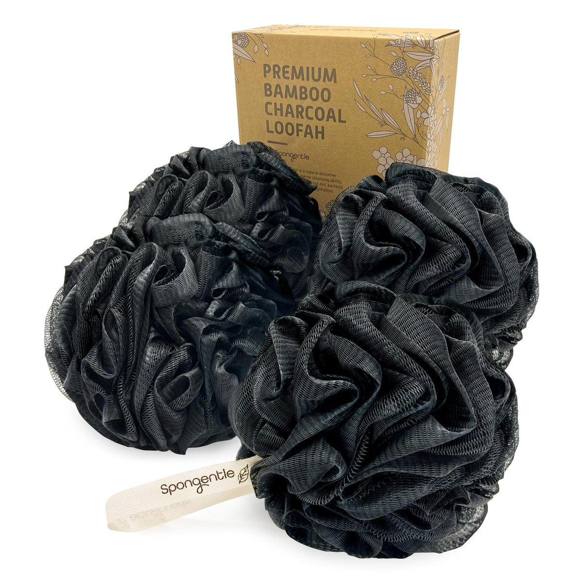 Spongentle Duschschwamm Loofah Badeschwamm, Körperscrubber mit weichem Netz, Peeling-Badeschwamm mit Aktivkohle, Badeschwamm für Damen & Herren, Badezubehör als Scheuerwerkzeug, 60g 4er Pack