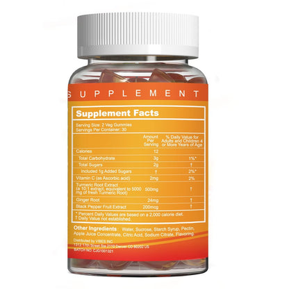EAZGOO Curcumin-Turmeric-Gummis 500mg für Erwachsene mit schwarzem Pfeffer, Ingwerwurzel, Vitamin C, zuckerarme Fruchtgummis, Orangengeschmack – 120 Stück