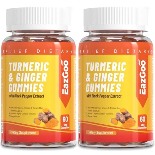 EAZGOO Curcumin-Turmeric-Gummis 500mg für Erwachsene mit schwarzem Pfeffer, Ingwerwurzel, Vitamin C, zuckerarme Fruchtgummis, Orangengeschmack – 120 Stück