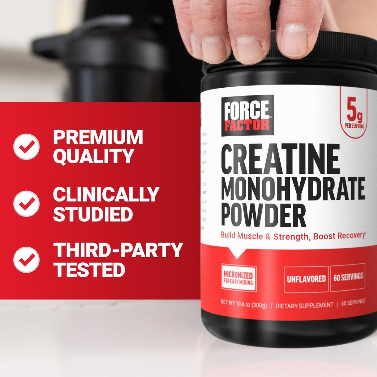 Force Factor Creatin-Monohydrat-Pulver, 5 g mikronisierte Dosis für Muskelwachstum, Kraft, Erholung, kognitive Gesundheit und Gedächtnis, ungesüßt, 60 Portionen