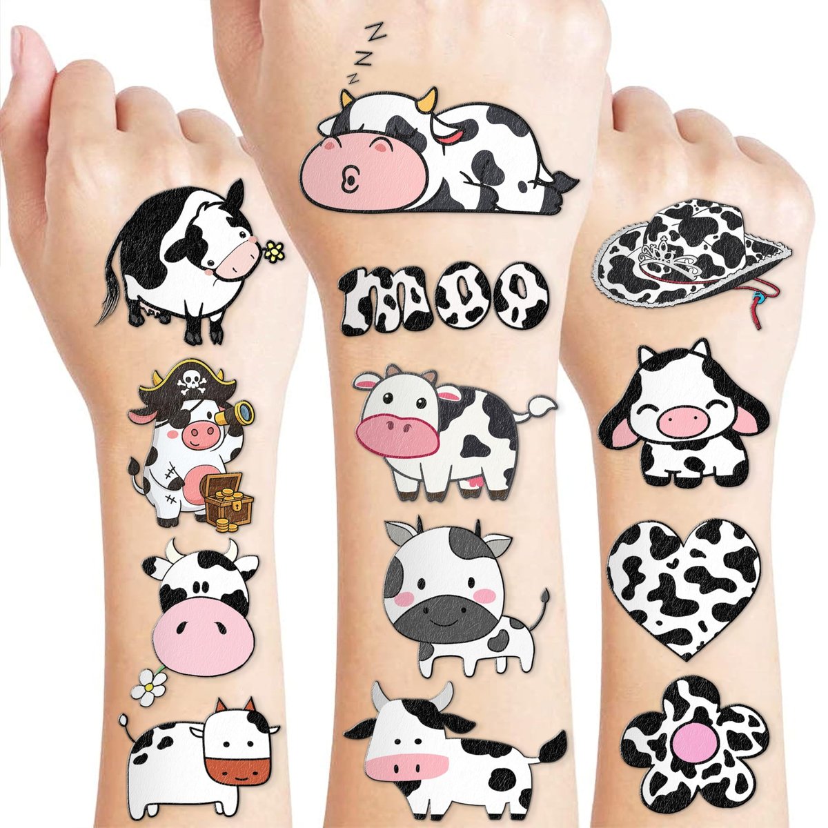 96 Stück Kuh-Aufkleber, temporäre Tattoos für Kinder – Bauernhof-Geburtstagsparty, Dekorationen & Mitgebsel
