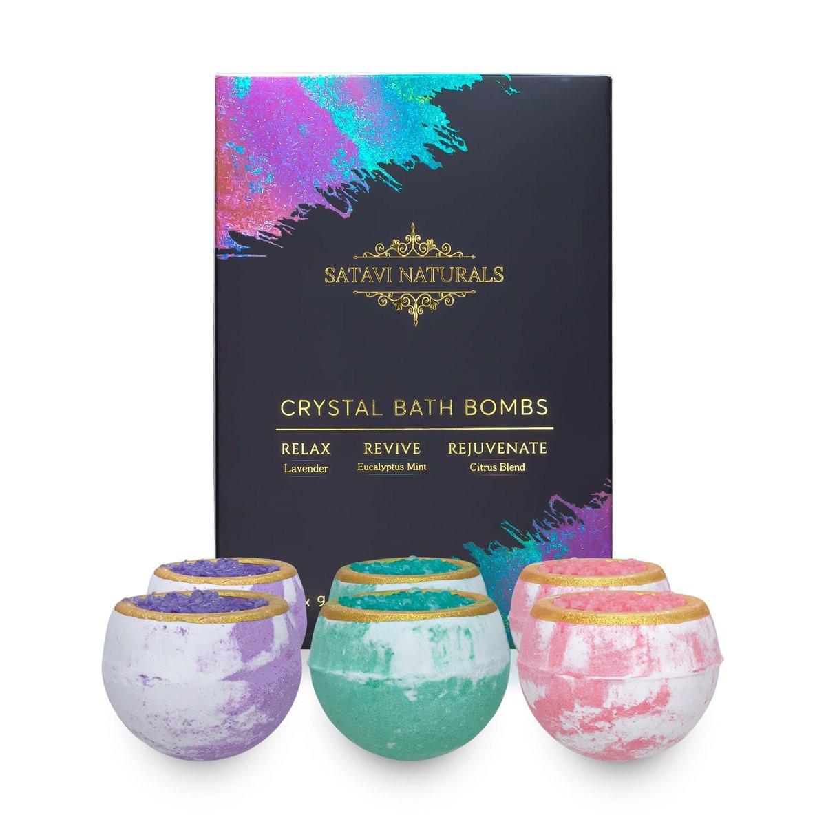Satavi Naturals Kristall-Badebomben Geschenkset (6er-Pack) – Aromatherapie-Geoden mit pflegenden Badesalzen – Lavendel, Eukalyptus-Minze & Zitrus – Spa-Geschenke für Frauen, Entspannung & Feuchtigkeitspflege