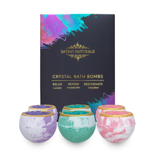 Satavi Naturals Kristall-Badebomben Geschenkset (6er-Pack) – Aromatherapie-Geoden mit pflegenden Badesalzen – Lavendel, Eukalyptus-Minze & Zitrus – Spa-Geschenke für Frauen, Entspannung & Feuchtigkeitspflege