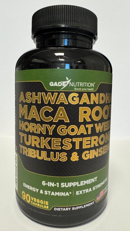Gade Nutrition Ashwagandha mit Maca-Wurzel, Horny Goat Weed, Turkesteron, Tribulus Terrestris, Panax Ginseng | 90 pflanzliche Kapseln für Energie, Ausdauer, Leistung | Hergestellt in den USA