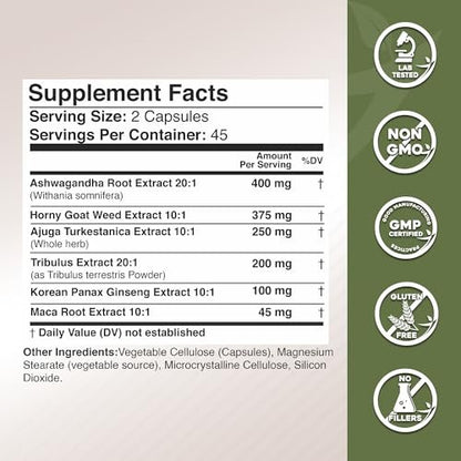 Gade Nutrition Ashwagandha mit Maca-Wurzel, Horny Goat Weed, Turkesteron, Tribulus Terrestris, Panax Ginseng | 90 pflanzliche Kapseln für Energie, Ausdauer, Leistung | Hergestellt in den USA