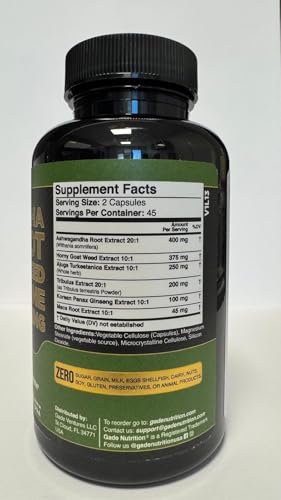 Gade Nutrition Ashwagandha mit Maca-Wurzel, Horny Goat Weed, Turkesteron, Tribulus Terrestris, Panax Ginseng | 90 pflanzliche Kapseln für Energie, Ausdauer, Leistung | Hergestellt in den USA
