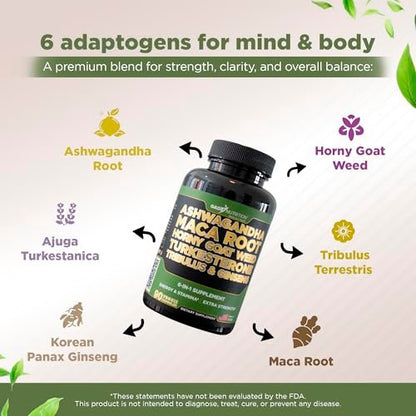 Gade Nutrition Ashwagandha mit Maca-Wurzel, Horny Goat Weed, Turkesteron, Tribulus Terrestris, Panax Ginseng | 90 pflanzliche Kapseln für Energie, Ausdauer, Leistung | Hergestellt in den USA