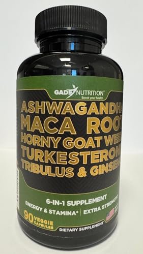 Gade Nutrition Ashwagandha mit Maca-Wurzel, Horny Goat Weed, Turkesteron, Tribulus Terrestris, Panax Ginseng | 90 pflanzliche Kapseln für Energie, Ausdauer, Leistung | Hergestellt in den USA