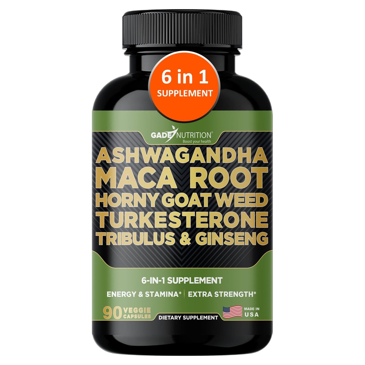 Gade Nutrition Ashwagandha mit Maca-Wurzel, Horny Goat Weed, Turkesteron, Tribulus Terrestris, Panax Ginseng | 90 pflanzliche Kapseln für Energie, Ausdauer, Leistung | Hergestellt in den USA