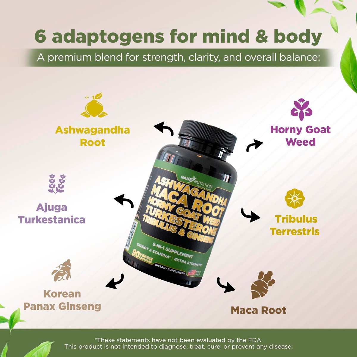 Gade Nutrition Ashwagandha mit Maca-Wurzel, Horny Goat Weed, Turkesteron, Tribulus Terrestris, Panax Ginseng | 90 pflanzliche Kapseln für Energie, Ausdauer, Leistung | Hergestellt in den USA