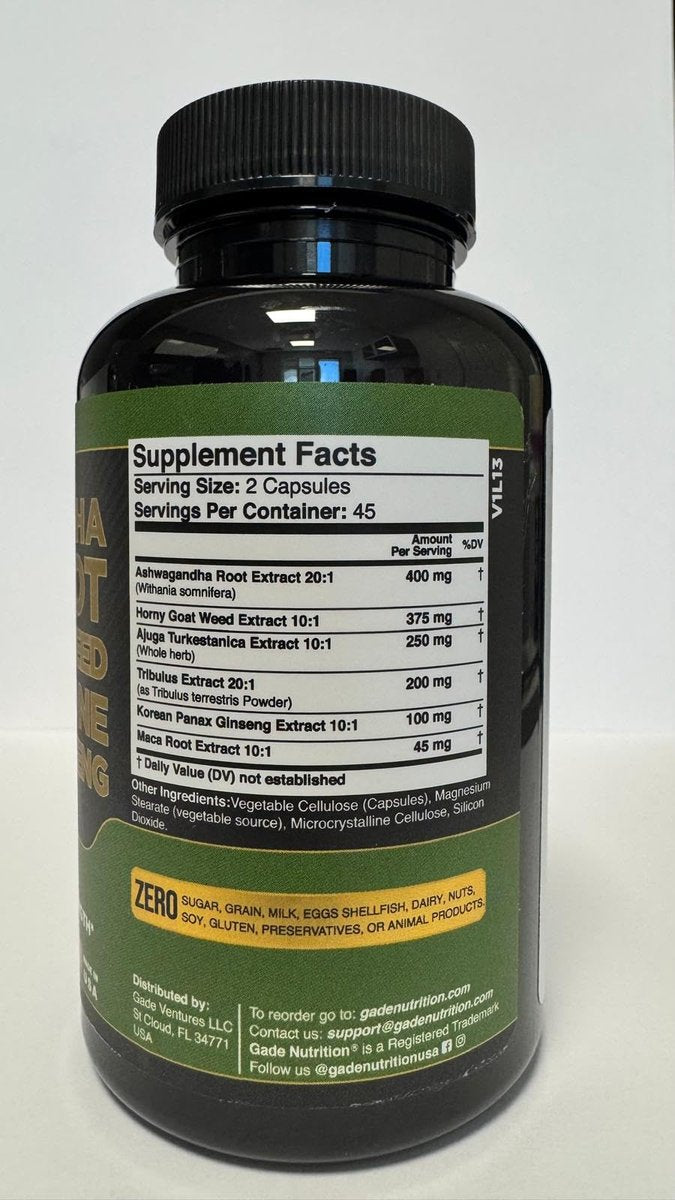 Gade Nutrition Ashwagandha mit Maca-Wurzel, Horny Goat Weed, Turkesteron, Tribulus Terrestris, Panax Ginseng | 90 pflanzliche Kapseln für Energie, Ausdauer, Leistung | Hergestellt in den USA