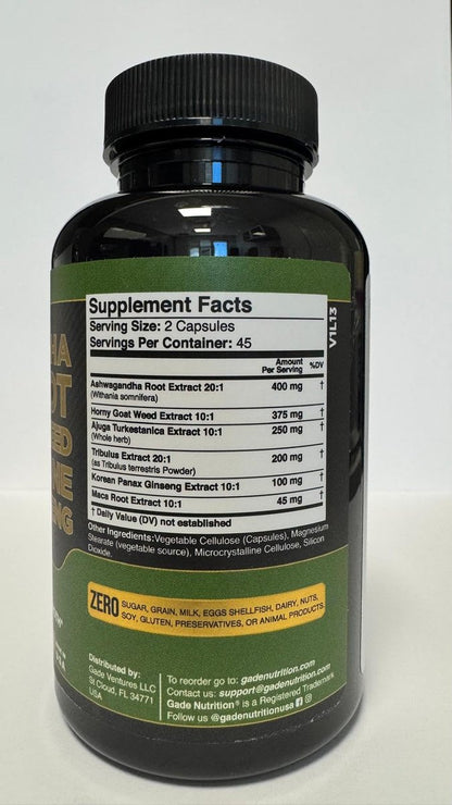 Gade Nutrition Ashwagandha mit Maca-Wurzel, Horny Goat Weed, Turkesteron, Tribulus Terrestris, Panax Ginseng | 90 pflanzliche Kapseln für Energie, Ausdauer, Leistung | Hergestellt in den USA