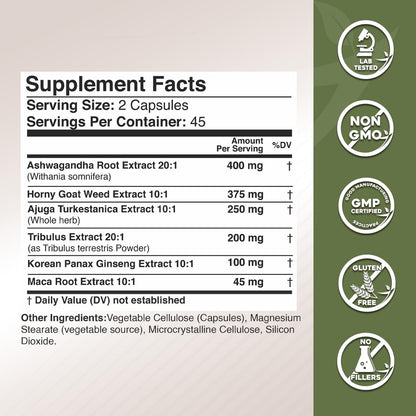 Gade Nutrition Ashwagandha mit Maca-Wurzel, Horny Goat Weed, Turkesteron, Tribulus Terrestris, Panax Ginseng | 90 pflanzliche Kapseln für Energie, Ausdauer, Leistung | Hergestellt in den USA