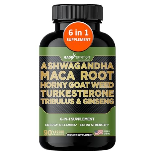 Gade Nutrition Ashwagandha mit Maca-Wurzel, Horny Goat Weed, Turkesteron, Tribulus Terrestris, Panax Ginseng | 90 pflanzliche Kapseln für Energie, Ausdauer, Leistung | Hergestellt in den USA