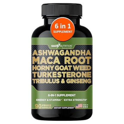 Gade Nutrition Ashwagandha mit Maca-Wurzel, Horny Goat Weed, Turkesteron, Tribulus Terrestris, Panax Ginseng | 90 pflanzliche Kapseln für Energie, Ausdauer, Leistung | Hergestellt in den USA