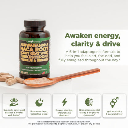 Gade Nutrition Ashwagandha mit Maca-Wurzel, Horny Goat Weed, Turkesteron, Tribulus Terrestris, Panax Ginseng | 90 pflanzliche Kapseln für Energie, Ausdauer, Leistung | Hergestellt in den USA