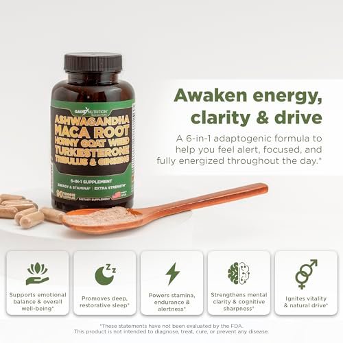 Gade Nutrition Ashwagandha mit Maca-Wurzel, Horny Goat Weed, Turkesteron, Tribulus Terrestris, Panax Ginseng | 90 pflanzliche Kapseln für Energie, Ausdauer, Leistung | Hergestellt in den USA