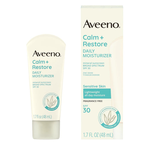 Aveeno Calm + Restore Tägliche Feuchtigkeitscreme mit mineralischem Sonnenschutz LSF 30, leichte Feuchtigkeit für den ganzen Tag + UVA/UVB-Schutz für empfindliche Haut, parfümfrei, 50 ml